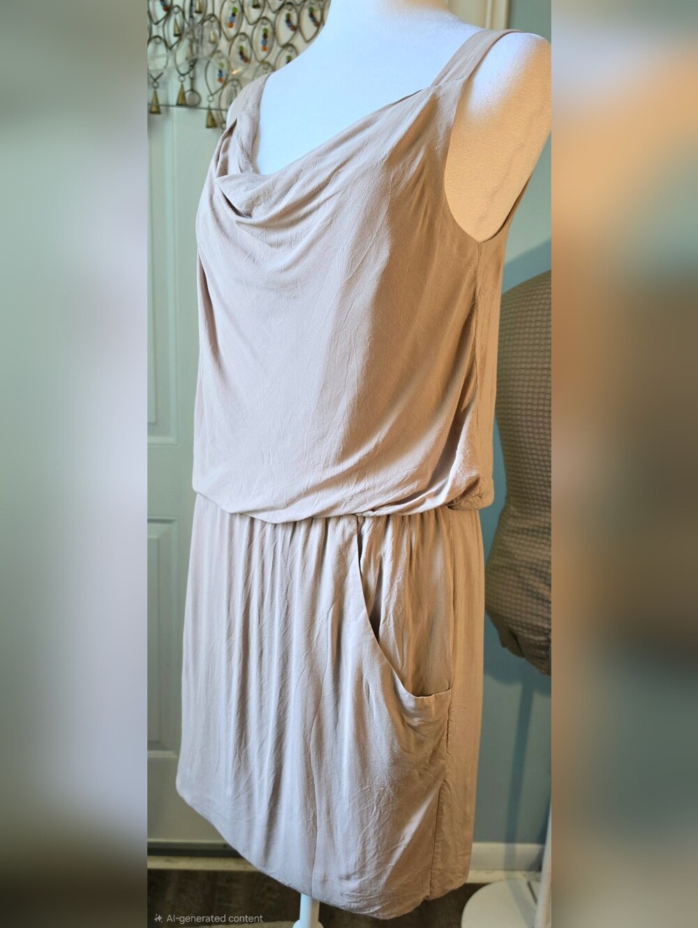 Theory Jaylyn Sleeveless Drape Neck Midi Dress Womens M Taupe Pockets Minimalist - Picture 2 of 11
